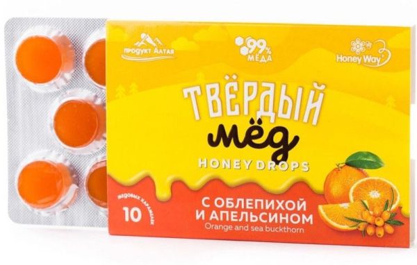 Твердый мед HoneyDrops Облепиха и Апельсин 30г фотография